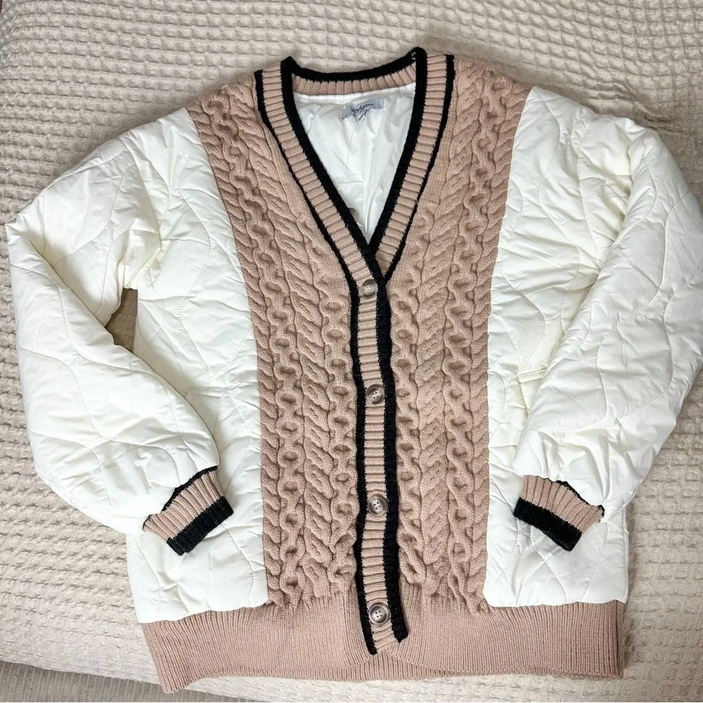 POLAGRAM Women's Braided Harmony Button Quilted Cardigan Bomber Jacket Beige Tan